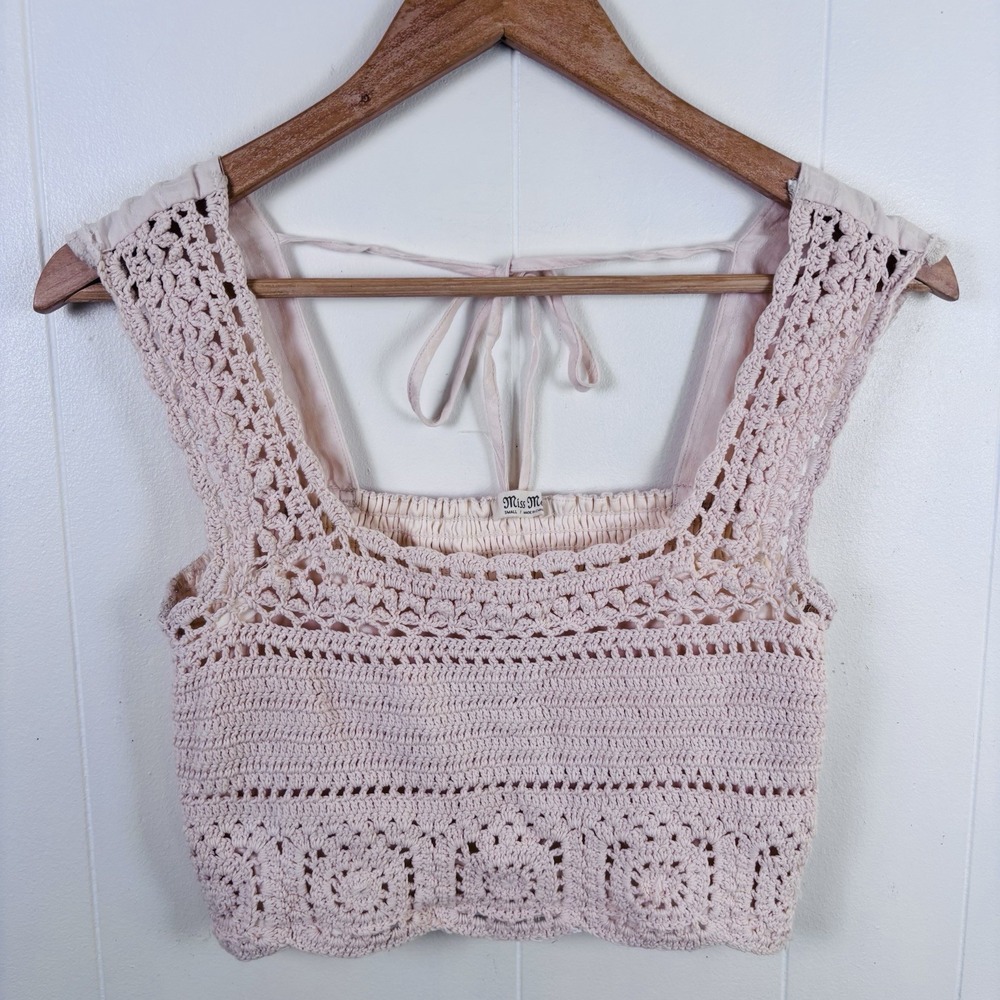 Miss Me Boho Crochet Cropped Tank Top Smocked Women's Size Small‎ Ivory